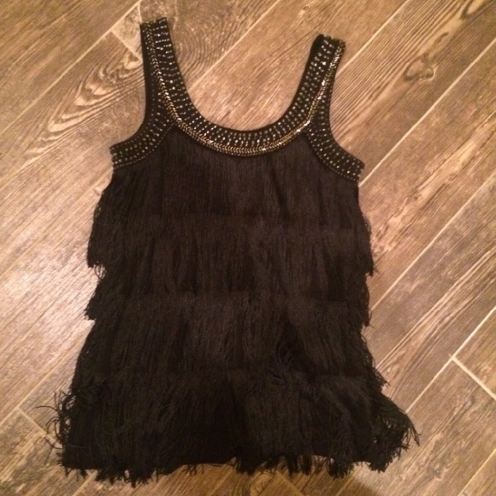 Caché Black Beaded Embellished Sequin Fringe Top S
